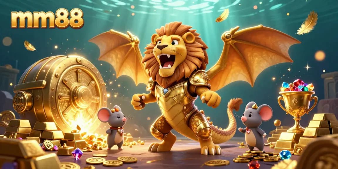 Experience the thrilling excitement of mm88 with a vibrant casino-themed 3D scene featuring a chimera and gold elements.