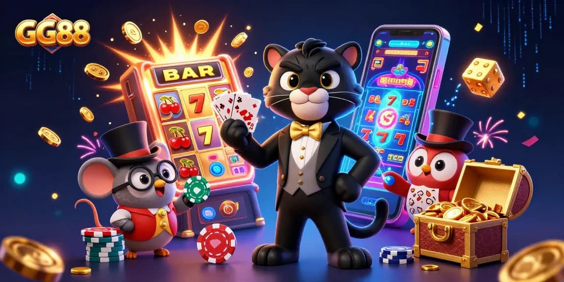 Experience the vibrant energy of GG88 with a dynamic casino illustration showcasing a stylish panther dealer amidst a jackpot explosion.