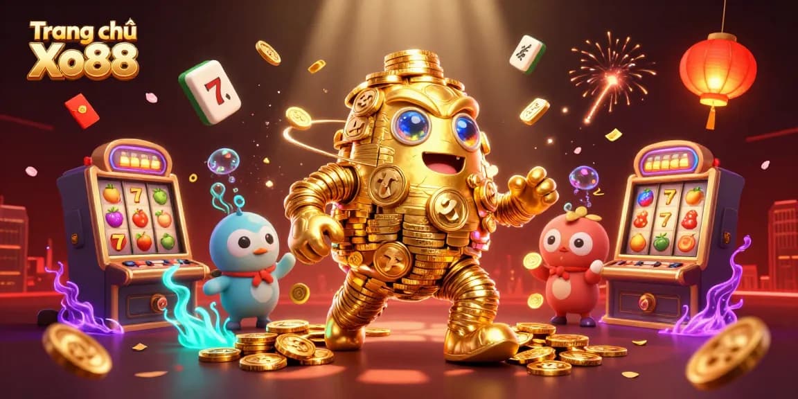 Join the fun at Trang chủ Xo88 with golden golem amidst vibrant slot machine excitement.