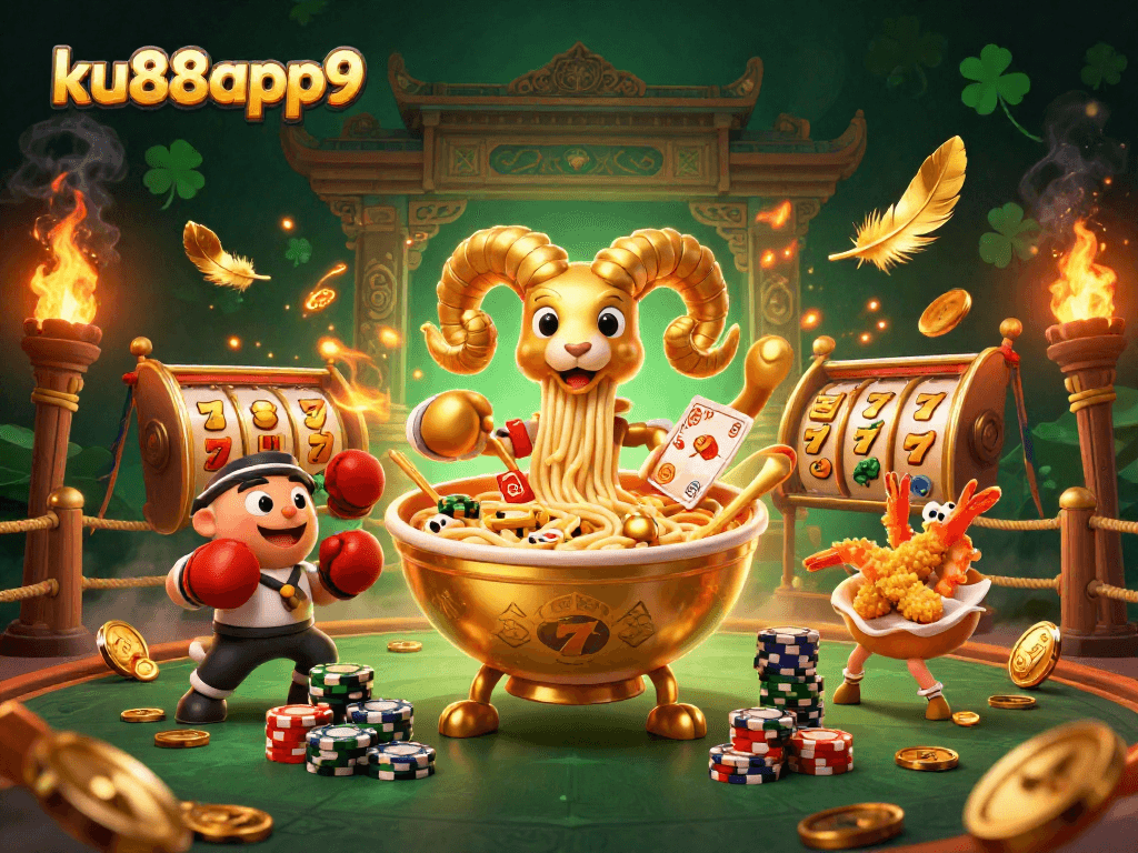 ku88app9 showcases a vibrant gaming arena with a golden ramen bowl dealer amidst dynamic slot elements.