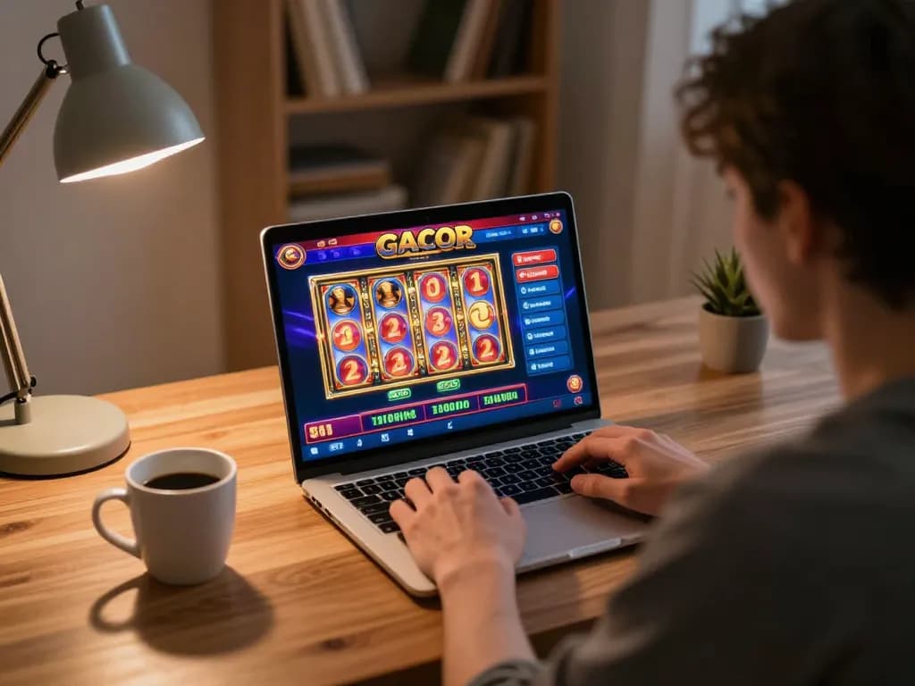 Engaging in slot gacor gameplay on a laptop at home, capturing the excitement of online gambling.
