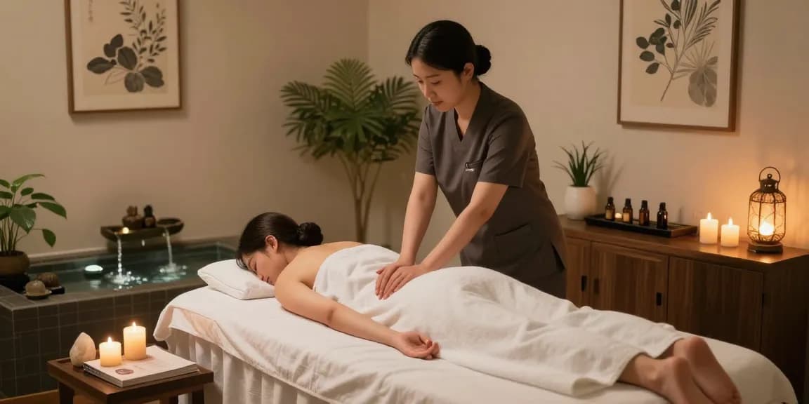 Indulge in 부평출장마사지 at a serene spa, featuring a therapist providing a relaxing massage in a calming atmosphere.