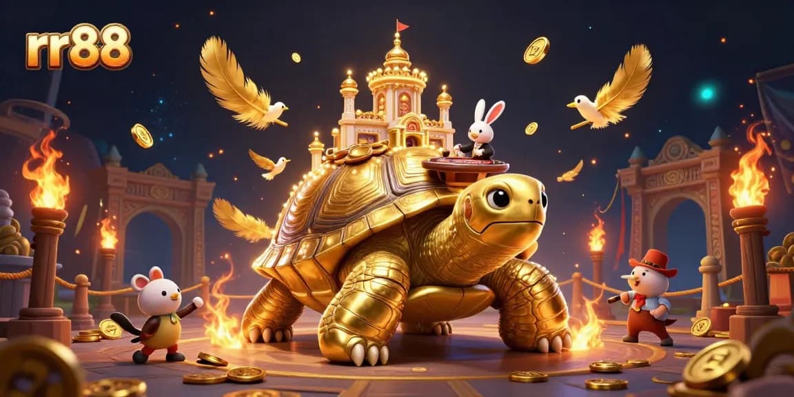 Experience the thrill of gambling with rr88's captivating casino adventure featuring a golden tortoise and rabbit dealer.