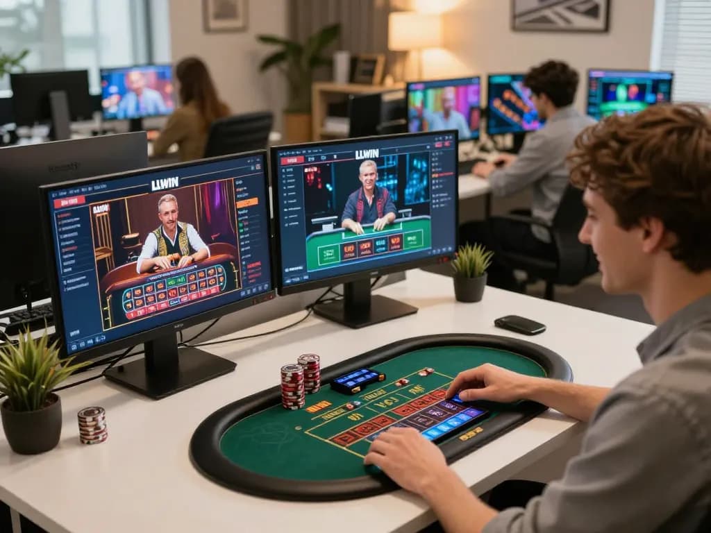 LLWIN online casino user engaged in exciting gameplay on tablet, showcasing strategic betting actions.