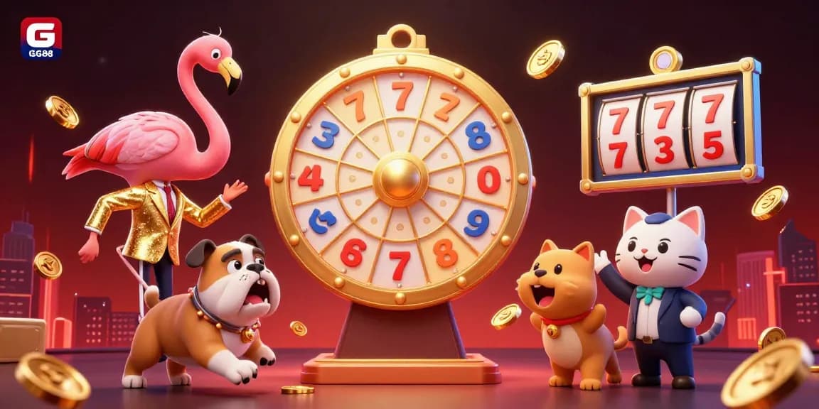 Spin the prize wheel with GG88's exciting 3D gambling illustration featuring vibrant game elements and characters.