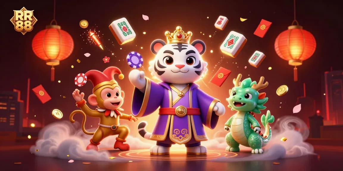 Experience thrilling gambling with RR 88, featuring a lively white tiger, monkey with poker chips, and jade dragon.