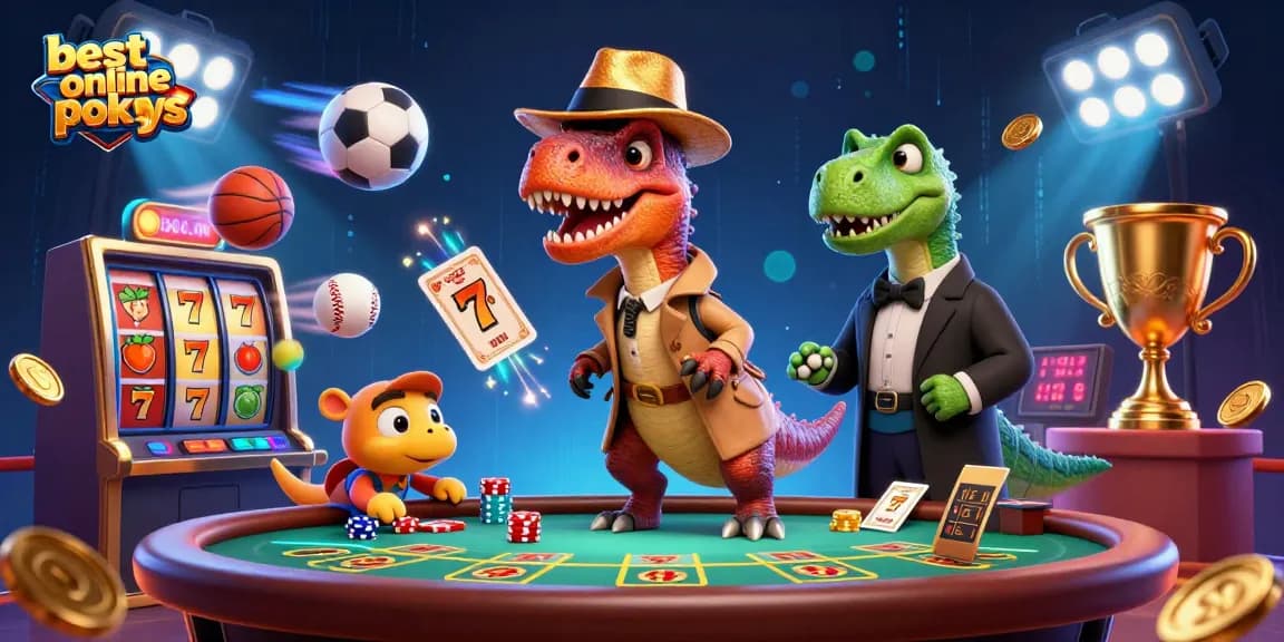 Experience the best online pokies with a dinosaur-themed illustration featuring exciting gaming action.