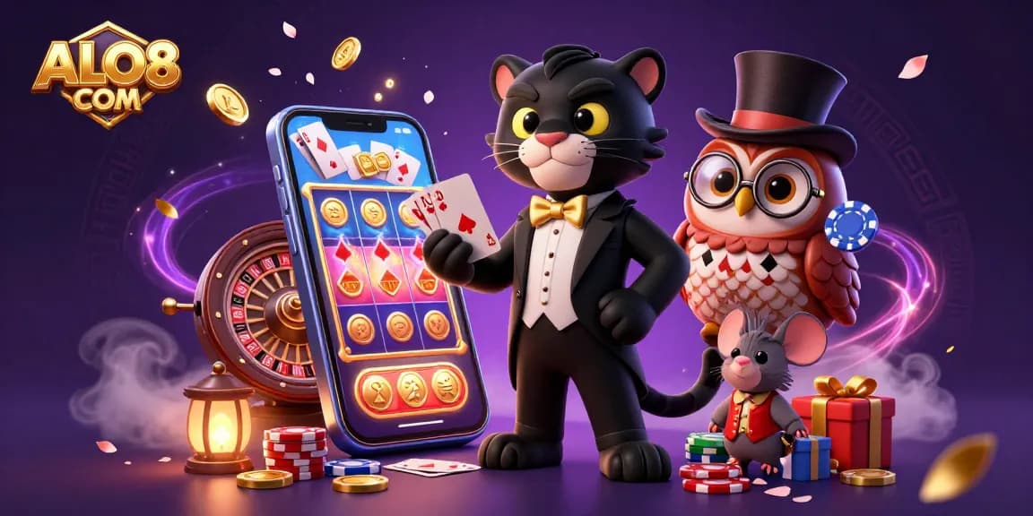 Experience the thrill of gambling at ALO8 COM with vibrant characters and exciting casino elements.