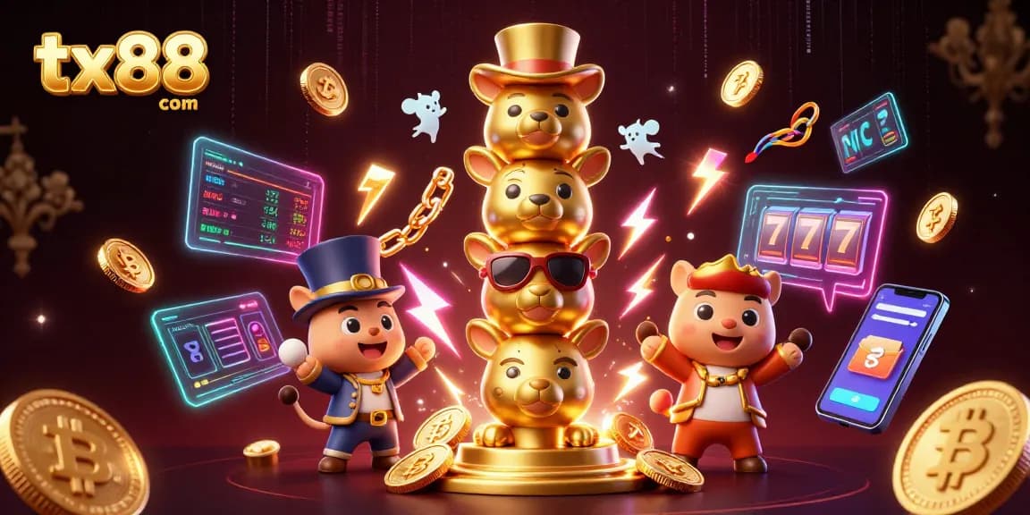 Spin the reels with tx88 com's vibrant 3D casino illustration featuring crypto coins.