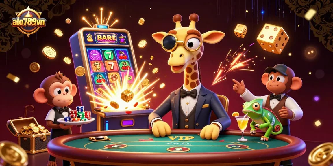 Experience the thrilling gameplay at alo789vn with a high-roller giraffe at a luxury casino table.