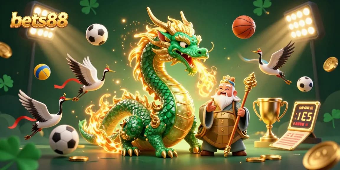 Bets88 brings a vibrant 3D casino scene with a jade dragon and lucky elements to life, capturing thrilling gaming moments.