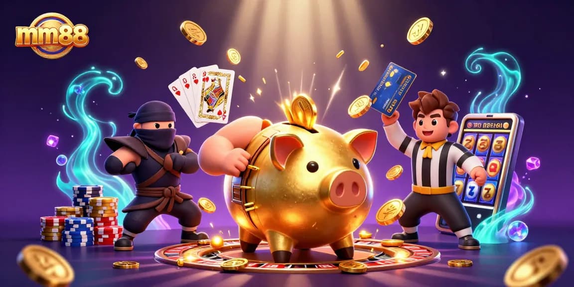 Experience excitement at mm88 with a golden piggy bank taking center stage in a vibrant 3D casino scene.