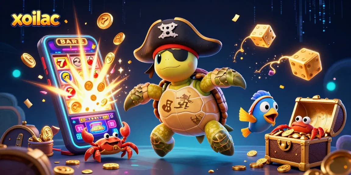 Xoilac brings excitement to online gaming with a pirate turtle, golden treasures, and vibrant casino elements.