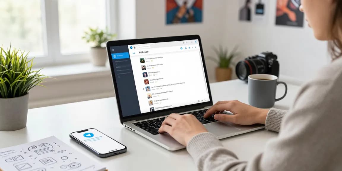 Engaged user interacting with Telegram Web on a laptop in a modern workspace.