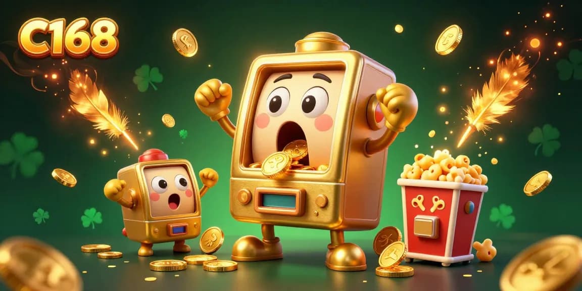 C168 slot machine celebrating a jackpot, surrounded by cheering baby machines and golden coins.