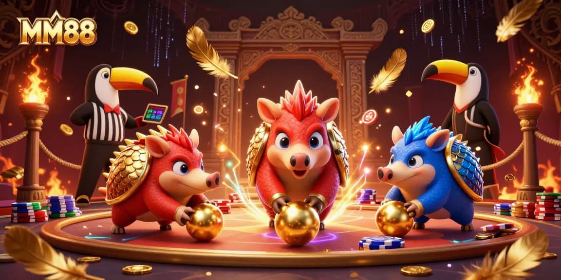 Engage in thrilling MM88 gameplay as pangolins compete amidst vibrant casino elements and betting excitement.