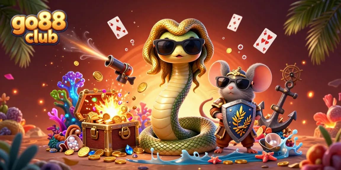 Experience exciting wins at go88 club with Medusa and a warrior in a vibrant casino-themed 3D scene.