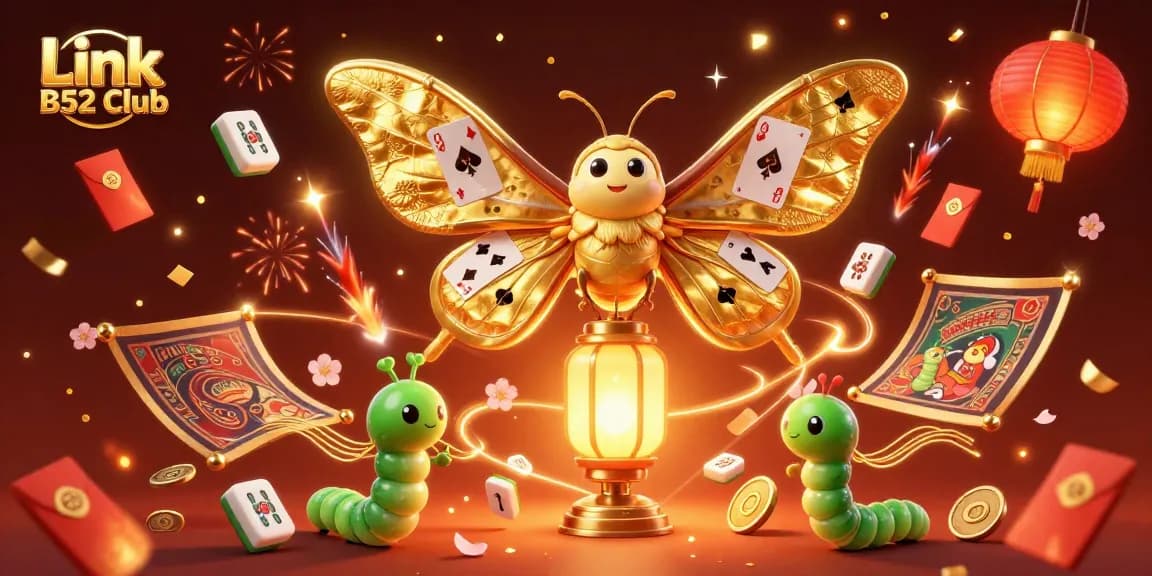 Engage with the Link B52 Club as a 3D atlas moth showcases casino scenes with gold aesthetics.