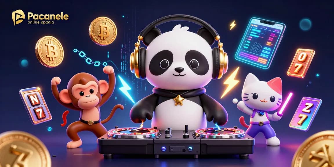 Experience Pacanele online spania with a vibrant DJ panda, breakdancing monkey, and a glow-stick kitten amidst neon coins.