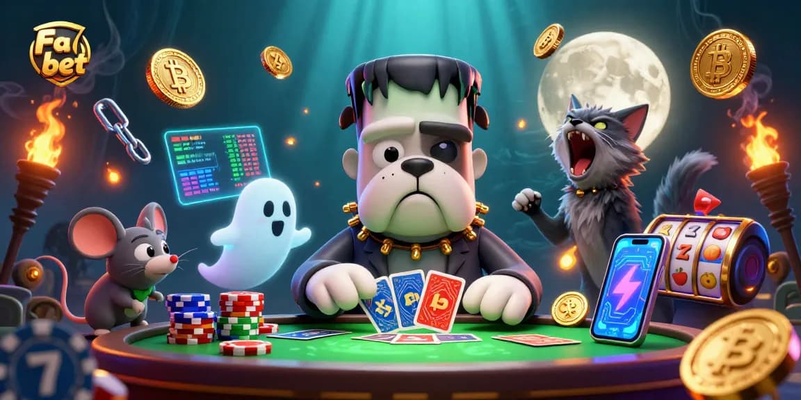 Engage in thrilling Fa bet games with a cartoon Frankenstein bulldog dealer at a spooky table.