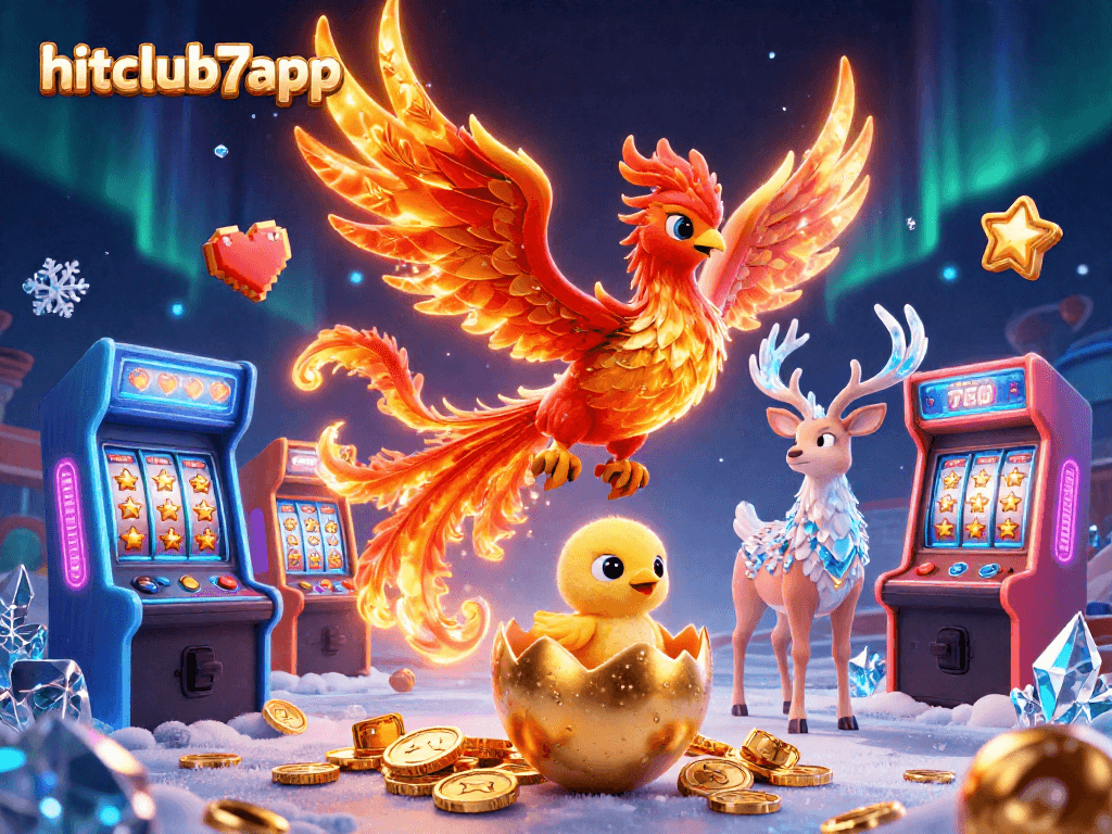 Experience the excitement of hitclub7app with a vibrant 3D scene featuring a Phoenix and arcade game elements.