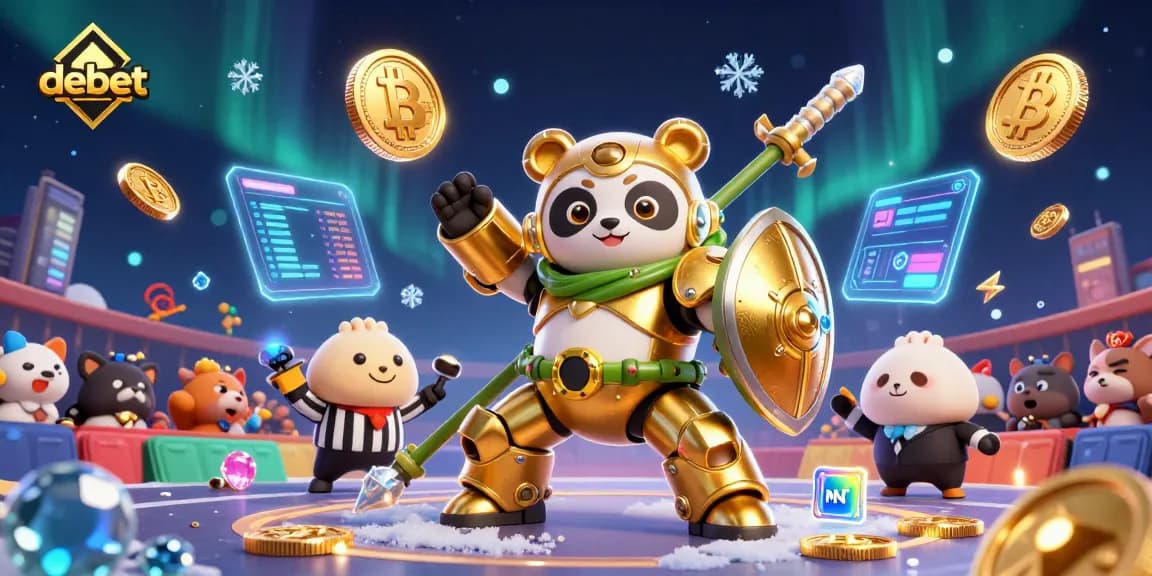 Engage with debet casino action featuring vibrant 3D golden panda battling with crypto elements.