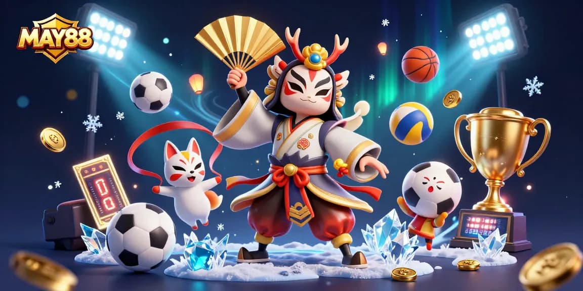 Experience the vibrant MAY88 casino scene with dynamic sports betting elements and a kabuki warrior.