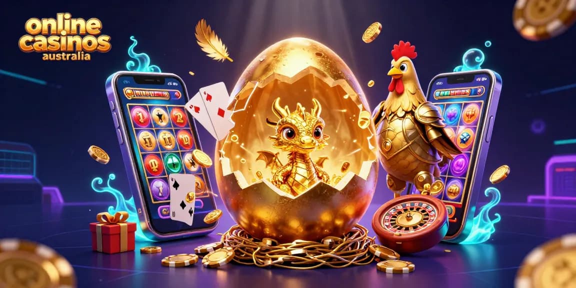 Experience thrilling action at online casinos Australia with a golden dragon and poker chips.