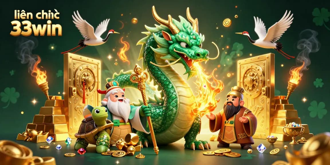 Engage with the thrilling visuals of liên hệ 33win featuring lucky symbols, a jade dragon, and gold treasures.