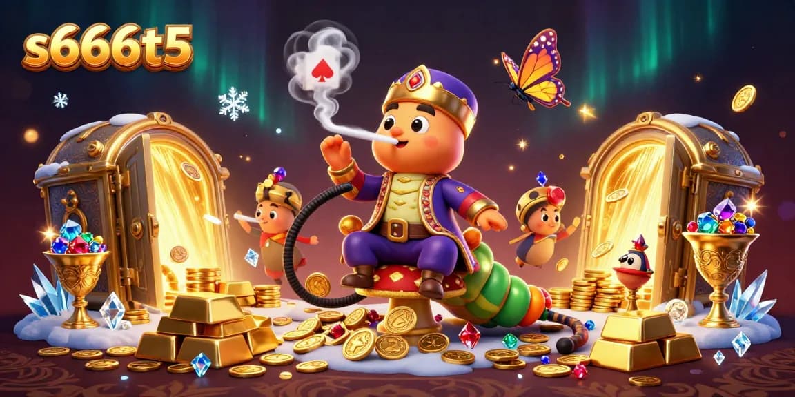 Experience thrilling gaming adventures with s666t5, featuring vibrant poker symbols and a treasure-rich scene.