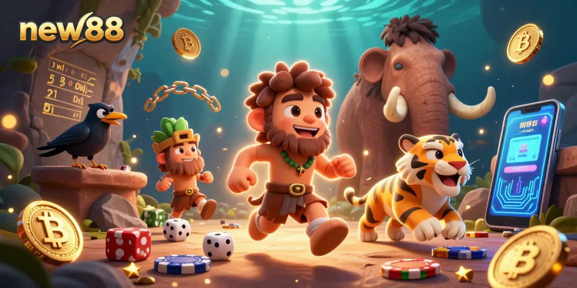 Engage in exciting gambling adventures with new88 in this vibrant 3D casino scene showcasing prehistoric characters and crypto elements.