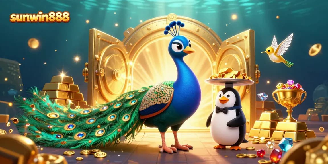 Join the excitement at sunwin888 with vibrant casino characters amidst treasures and golden chips.