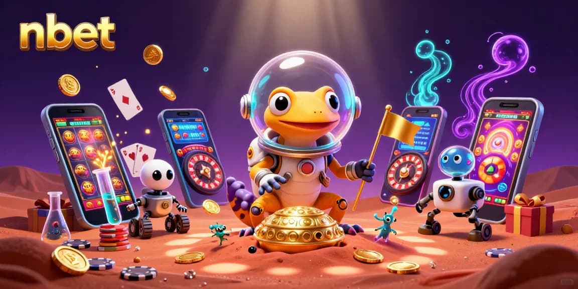 nbet showcases a Martian gecko finding a golden casino in a vibrant cosmic scene.