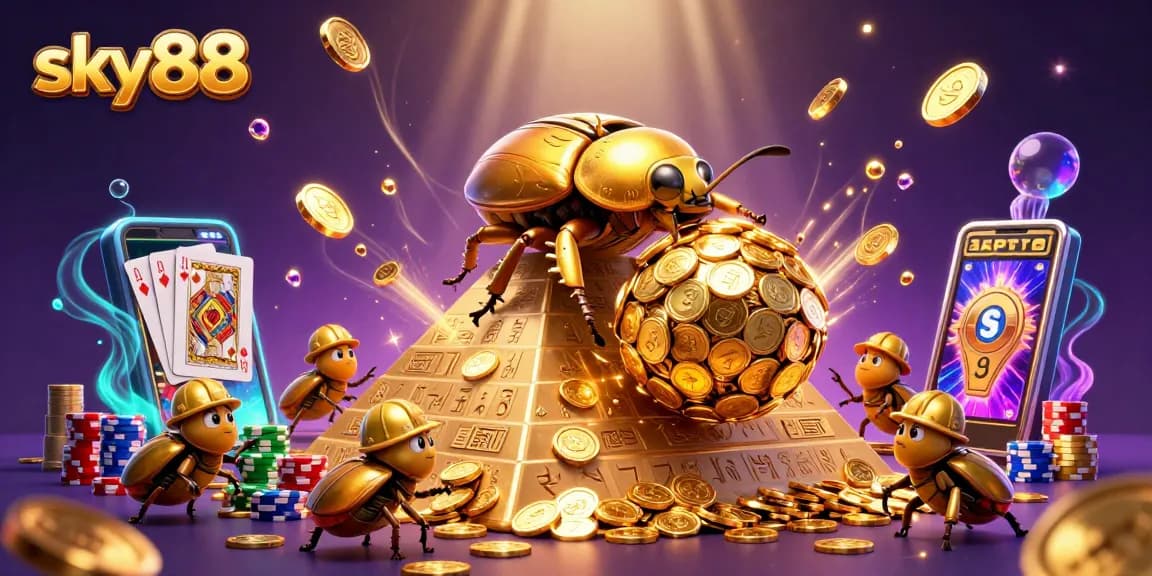Feel the excitement at sky88 with a dazzling 3D illustration of golden dung beetles amidst cascading coins and sparkling gemstones.