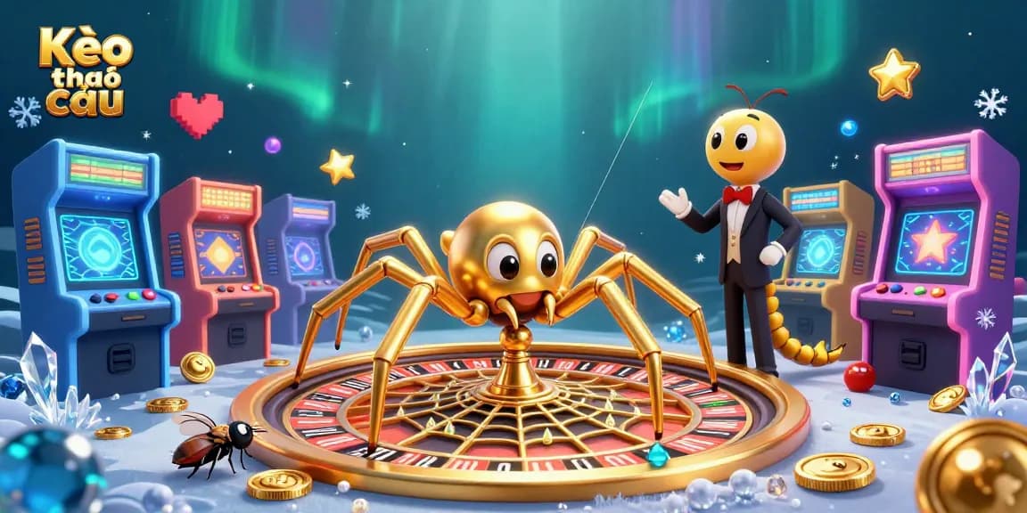 Experience thrilling Kèo nhà cái betting action with a colorful 3D spider roulette web and lively characters.