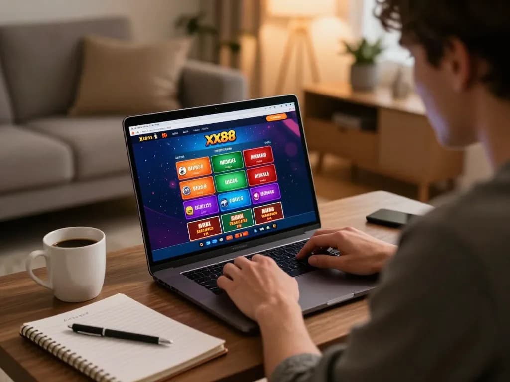 Engaging online casino gameplay on xx88 platform in a cozy home setting.