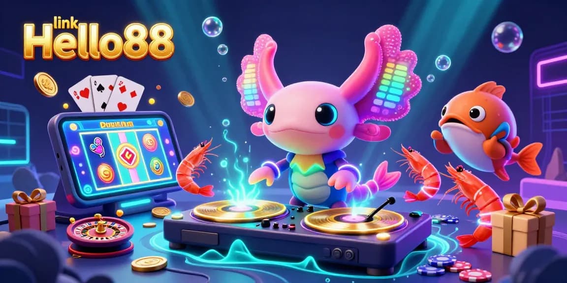 Experience thrilling gameplay with link Hello88 in this vibrant 3D scene featuring a DJ, dancing shrimp, and dynamic casino elements.