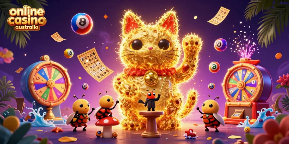 Experience the vibrant atmosphere of an online casino Australia with a whimsical lucky cat scene.