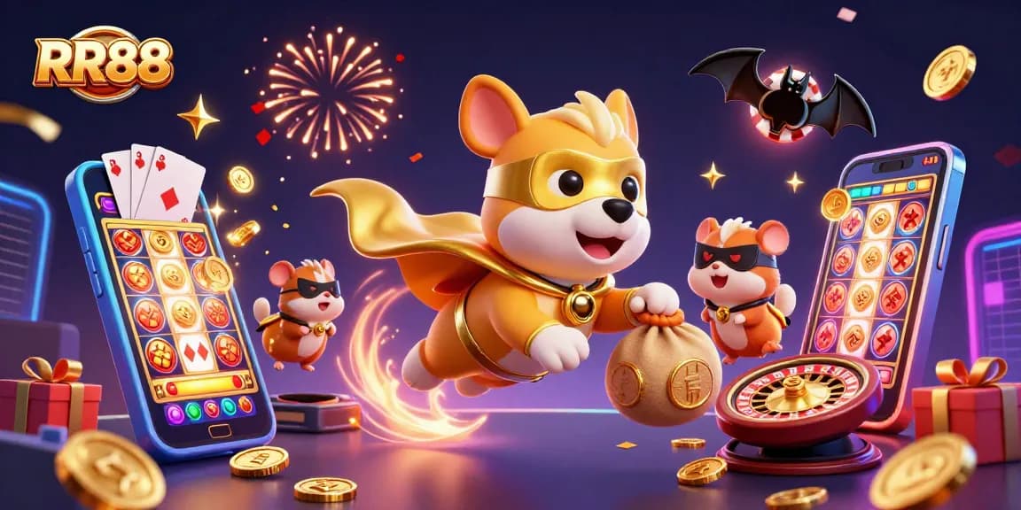 RR88's lively scene depicts a superhero dog and hamster amidst rich casino elements, celebrating casino gaming success.