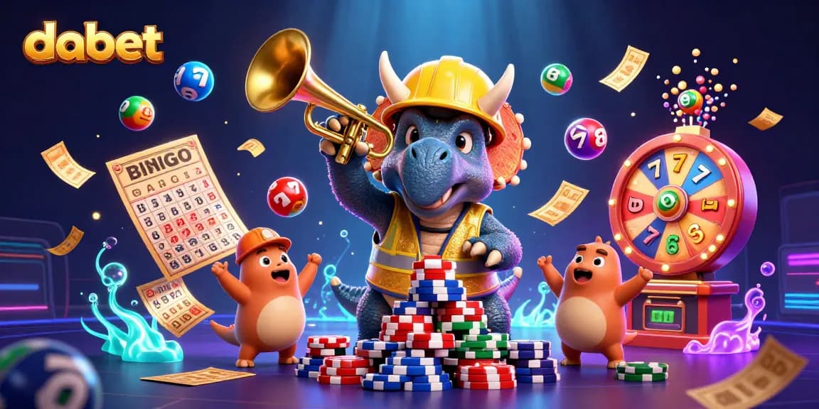 dabet showcases a lively casino scene with a triumphant triceratops and vibrant gaming elements.