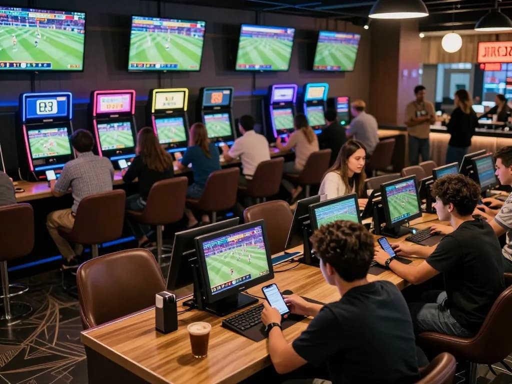 KJC patrons actively engaging in sports betting strategies and enjoying the vibrant lounge atmosphere