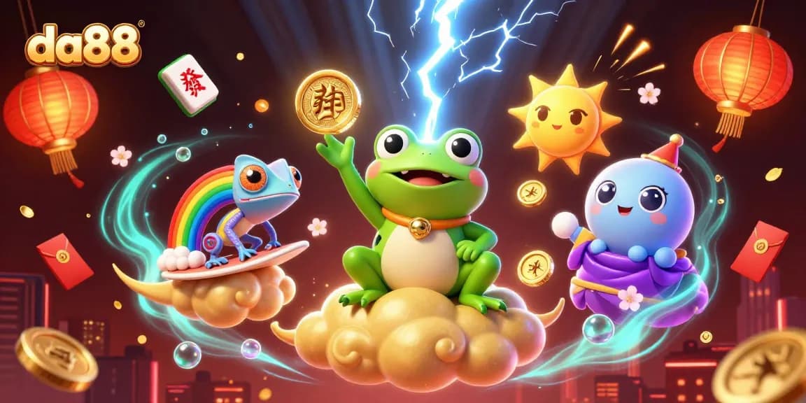 Experience the thrill of wins at da88 with colorful casino elements surrounding a wizard frog.
