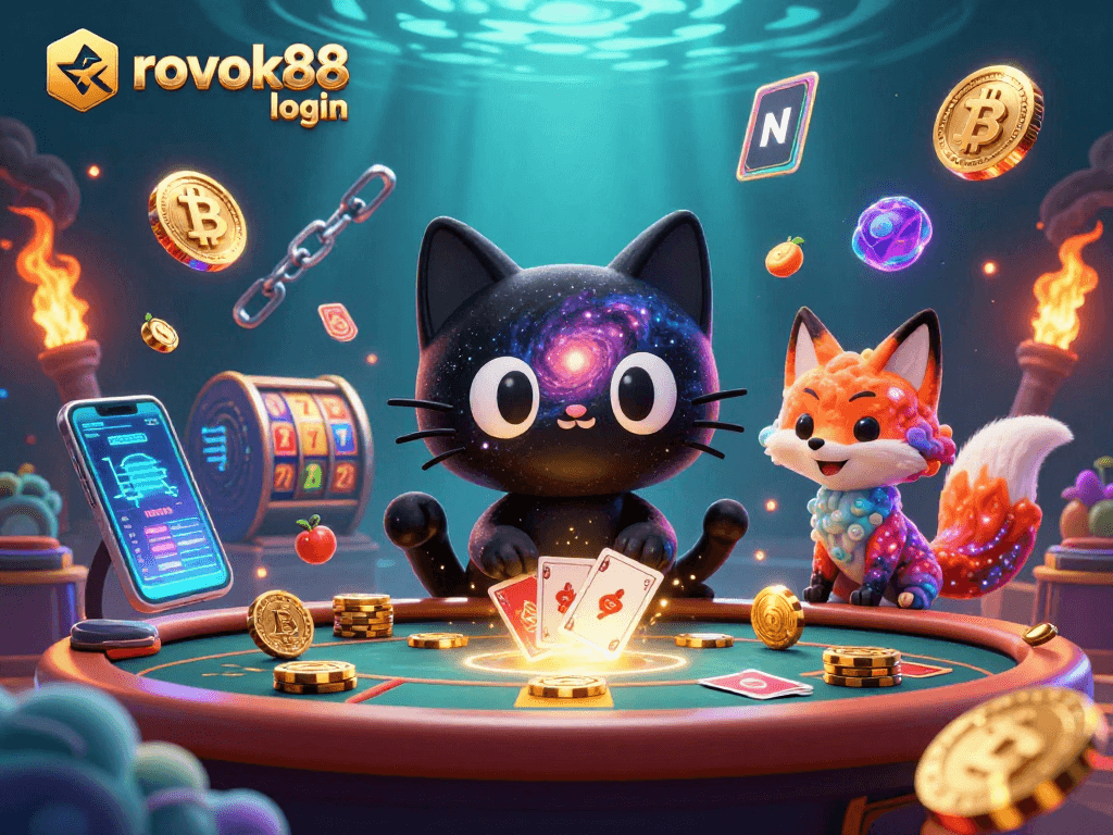 Engage with the rokok88 login casino experience, featuring a cosmic scene with dynamic characters and cryptocurrency elements.