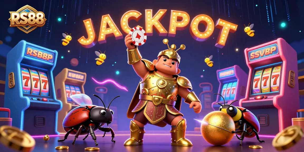 RS88 brings luck with a victorious cartoon beetle lifting a poker chip in a vibrant casino scene.