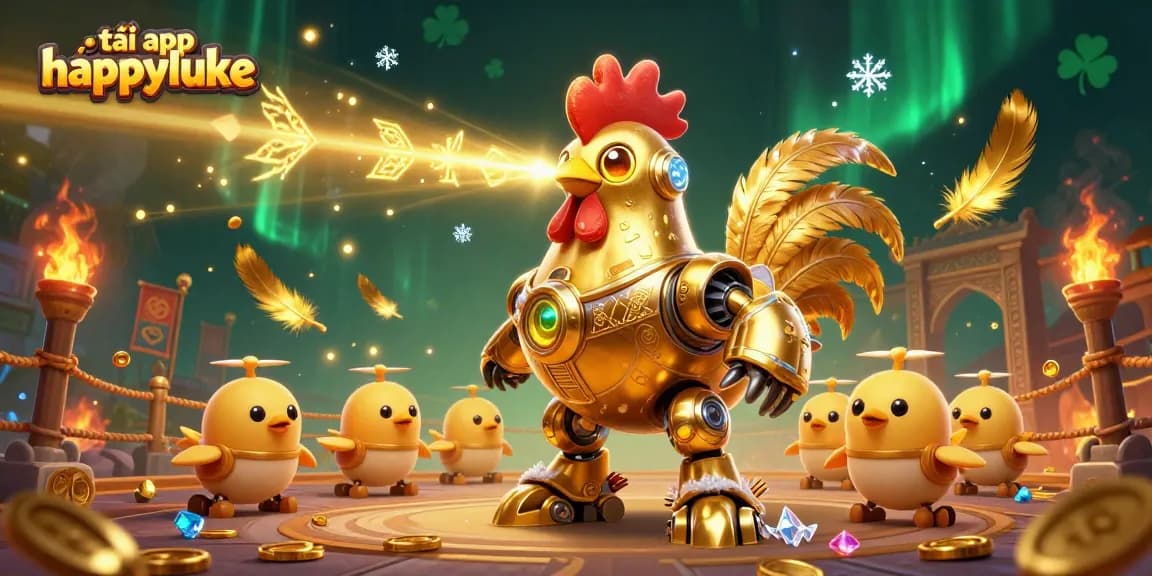 Engage in thrilling gameplay by downloading tải app happyluke, featuring a golden rooster robot in a vibrant casino scene.