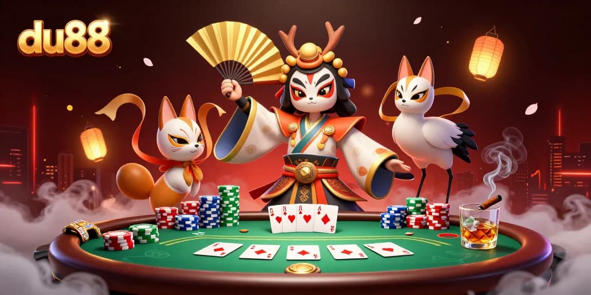 Engage in thrilling du88 poker action with a kabuki warrior, chips, and glowing elements.