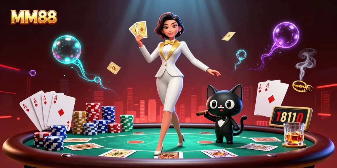 Join the action at MM88 with a glamorous woman shuffling cards amidst vibrant casino elements.