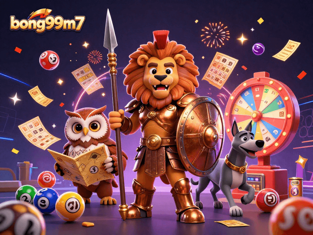 Experience the thrill of bong99m7 with vibrant lottery balls and festive characters.