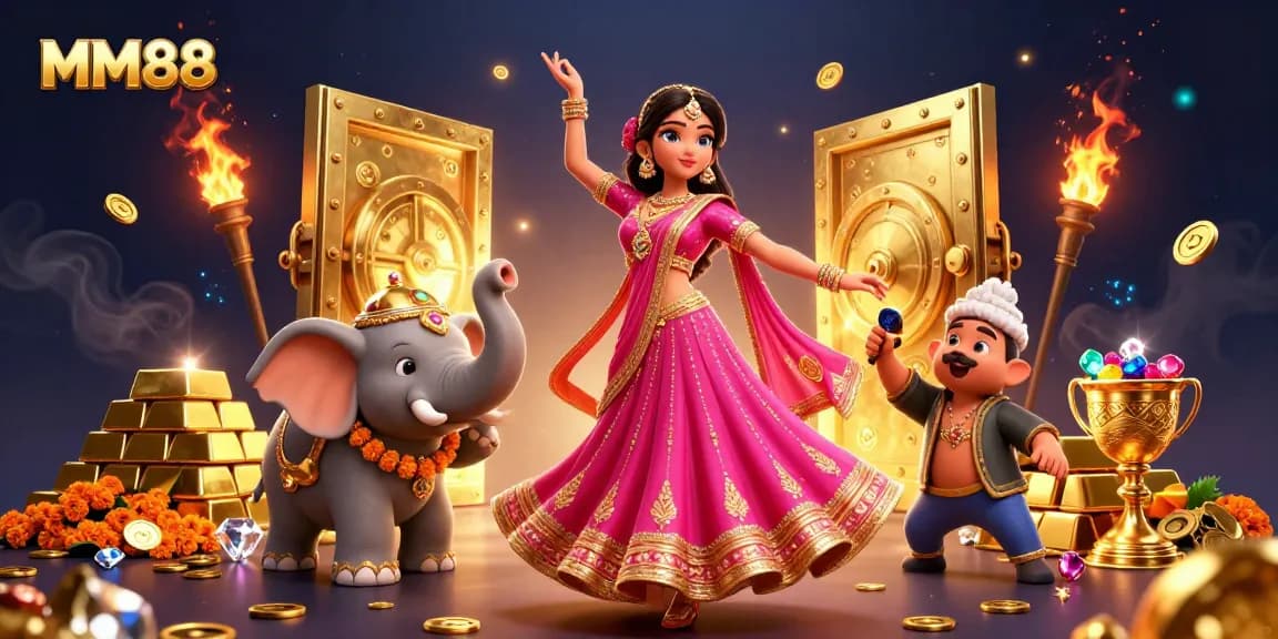 Experience the thrill of MM88 with vibrant casino activities featuring a stunning Asian character amidst treasures and gems.