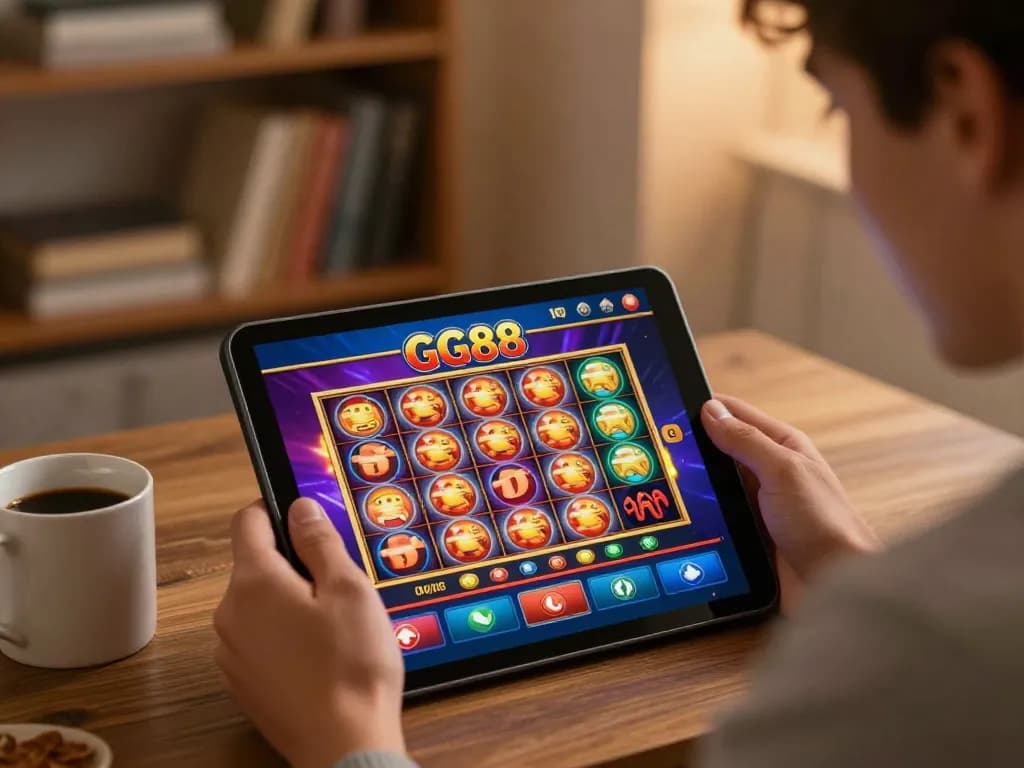 Engaging moment of a player enjoying GG88 mobile casino app on a tablet in a cozy home setting.